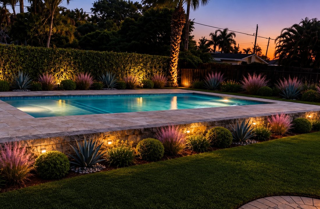 Rendered pool and deck at dusk with landscape lighting