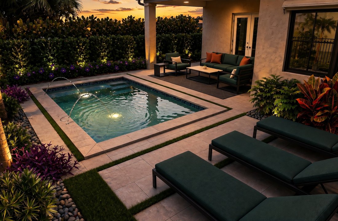 Rendered pool terrace at golden hour with seating