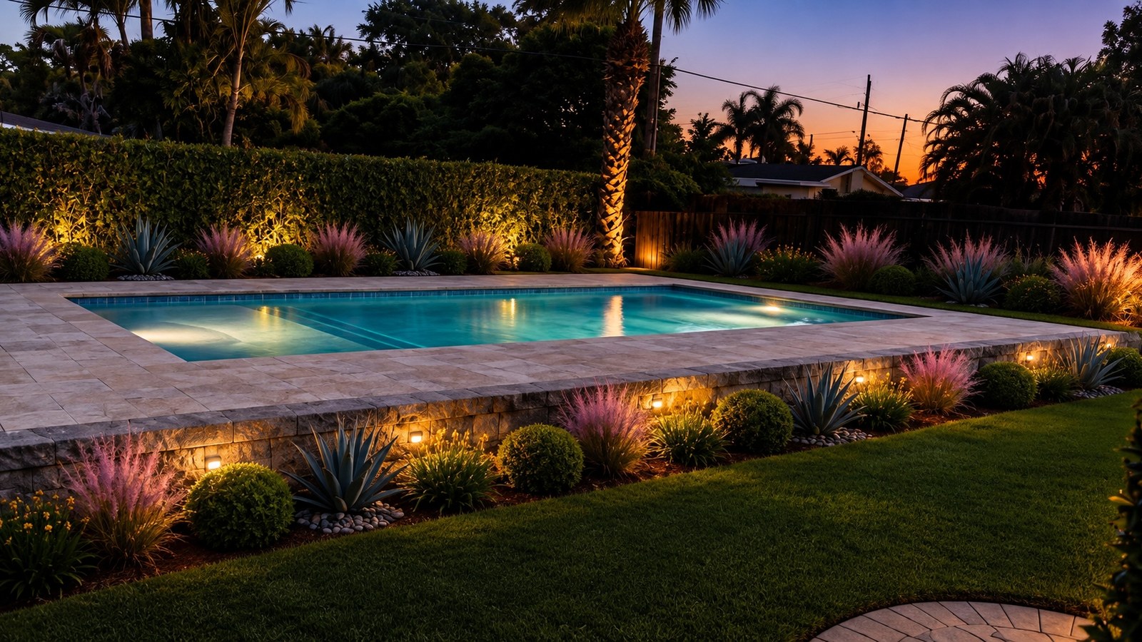 Same pool and deck rendered as the finished project at dusk